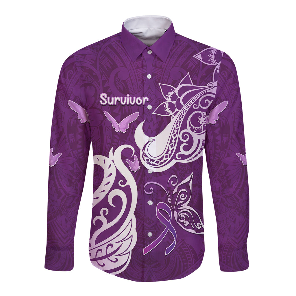 Personalised Fibromyalgia Awareness Long Sleeve Button Shirt Polynesian Purple Ribbon