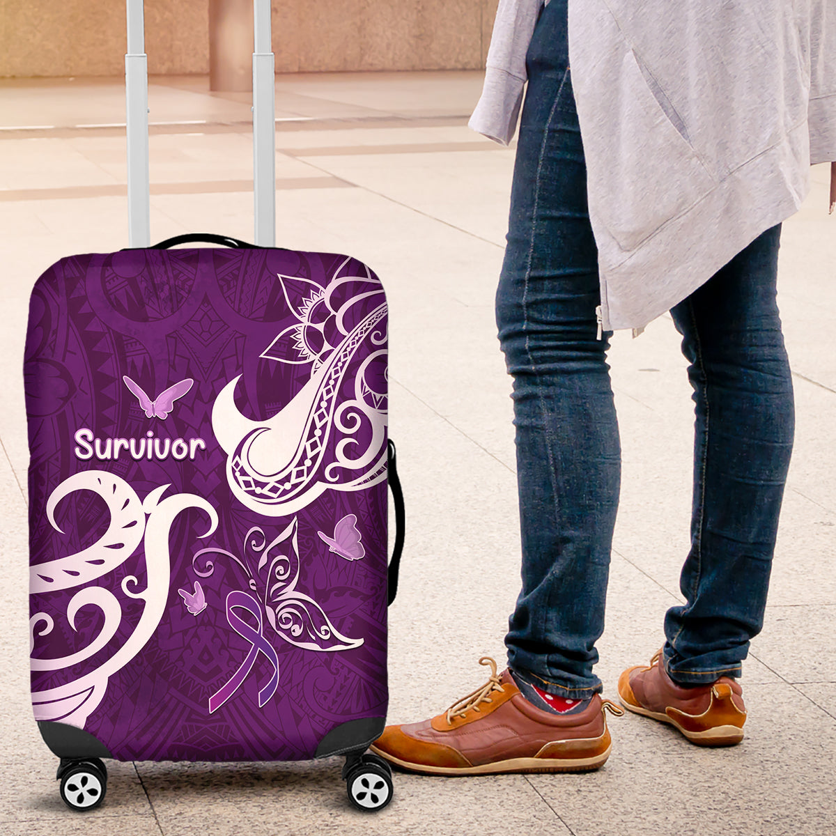 Fibromyalgia Awareness Luggage Cover Polynesian Purple Ribbon