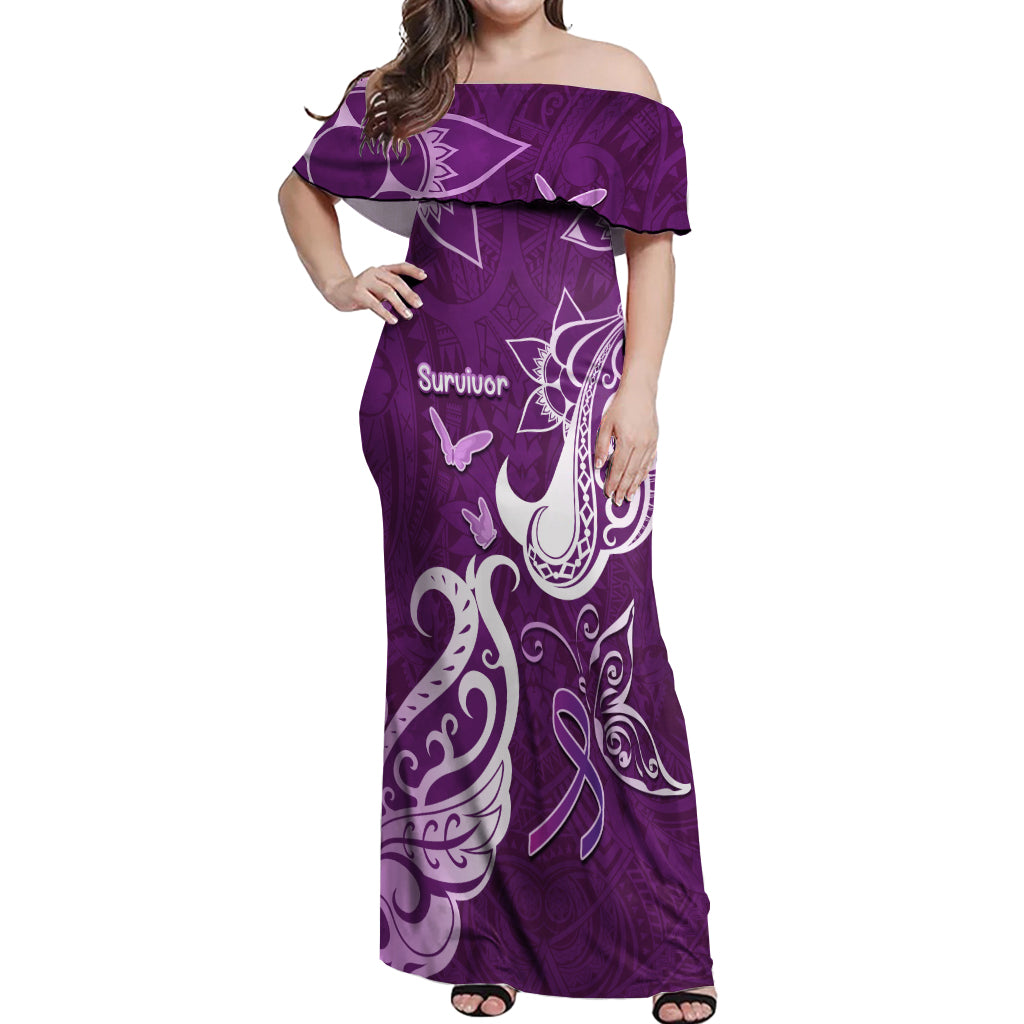Personalised Fibromyalgia Awareness Off Shoulder Maxi Dress Polynesian Purple Ribbon