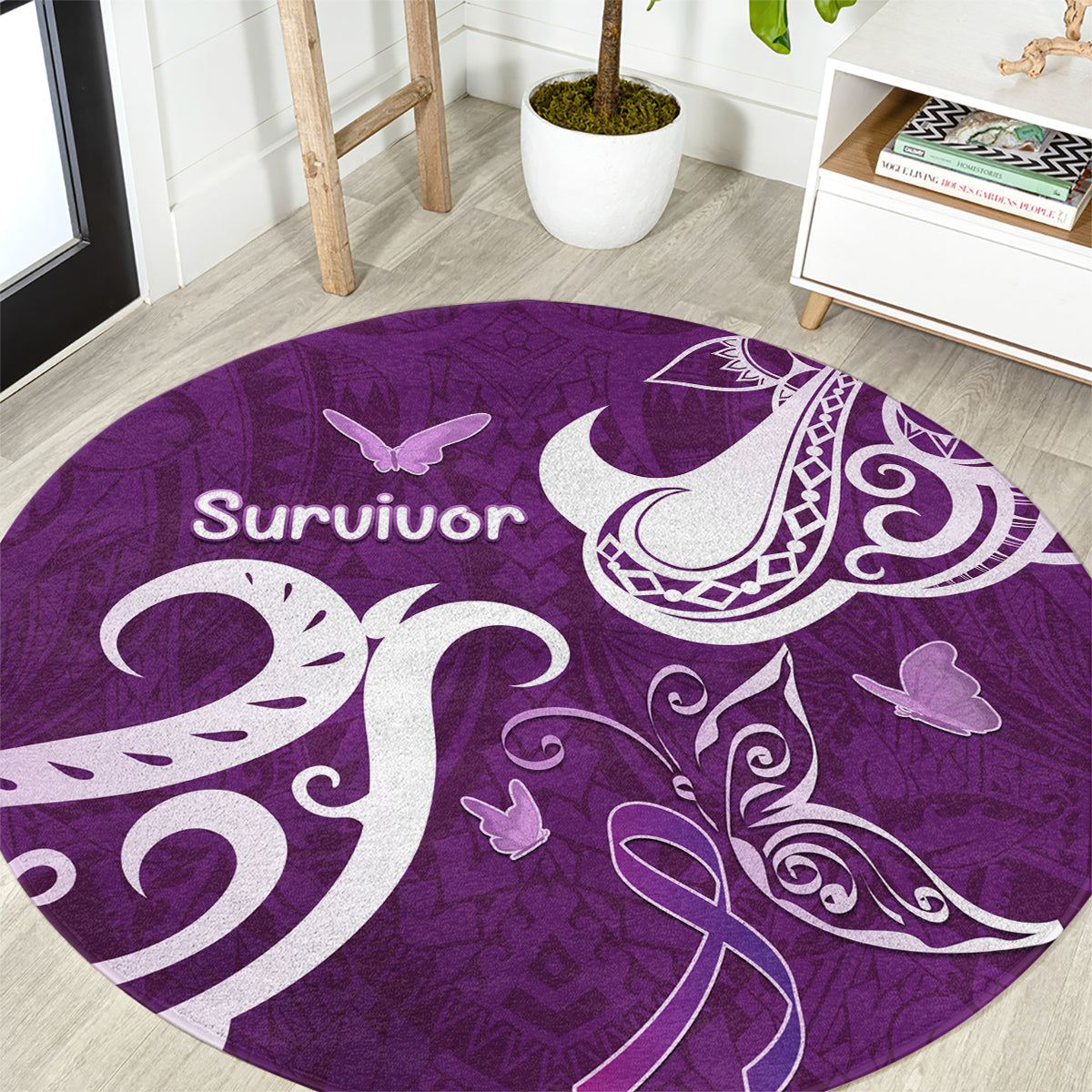 Fibromyalgia Awareness Round Carpet Polynesian Purple Ribbon