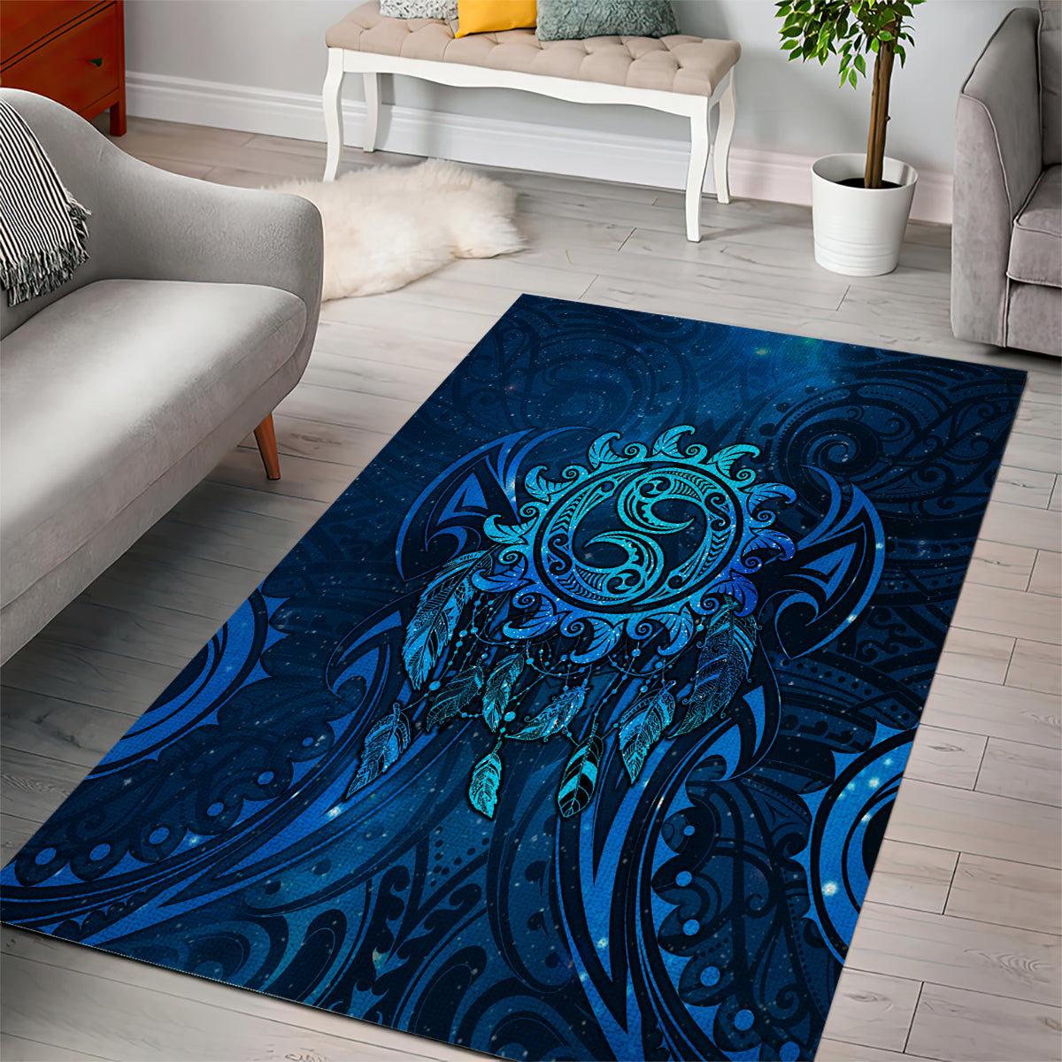New Zealand Dream Catcher Area Rug Maori Koru Pattern Blue Version