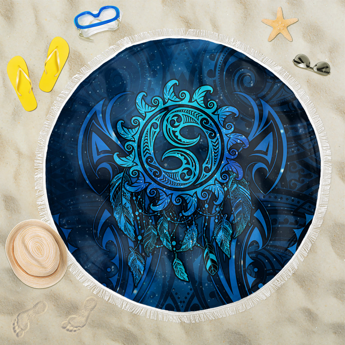 New Zealand Dream Catcher Beach Blanket Maori Koru Pattern Blue Version