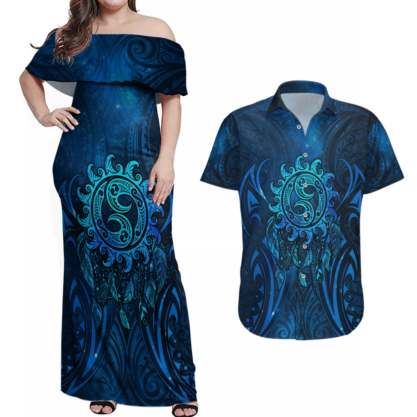 New Zealand Dream Catcher Couples Matching Off Shoulder Maxi Dress and Hawaiian Shirt Maori Koru Pattern Blue Version LT05 Blue - Polynesian Pride