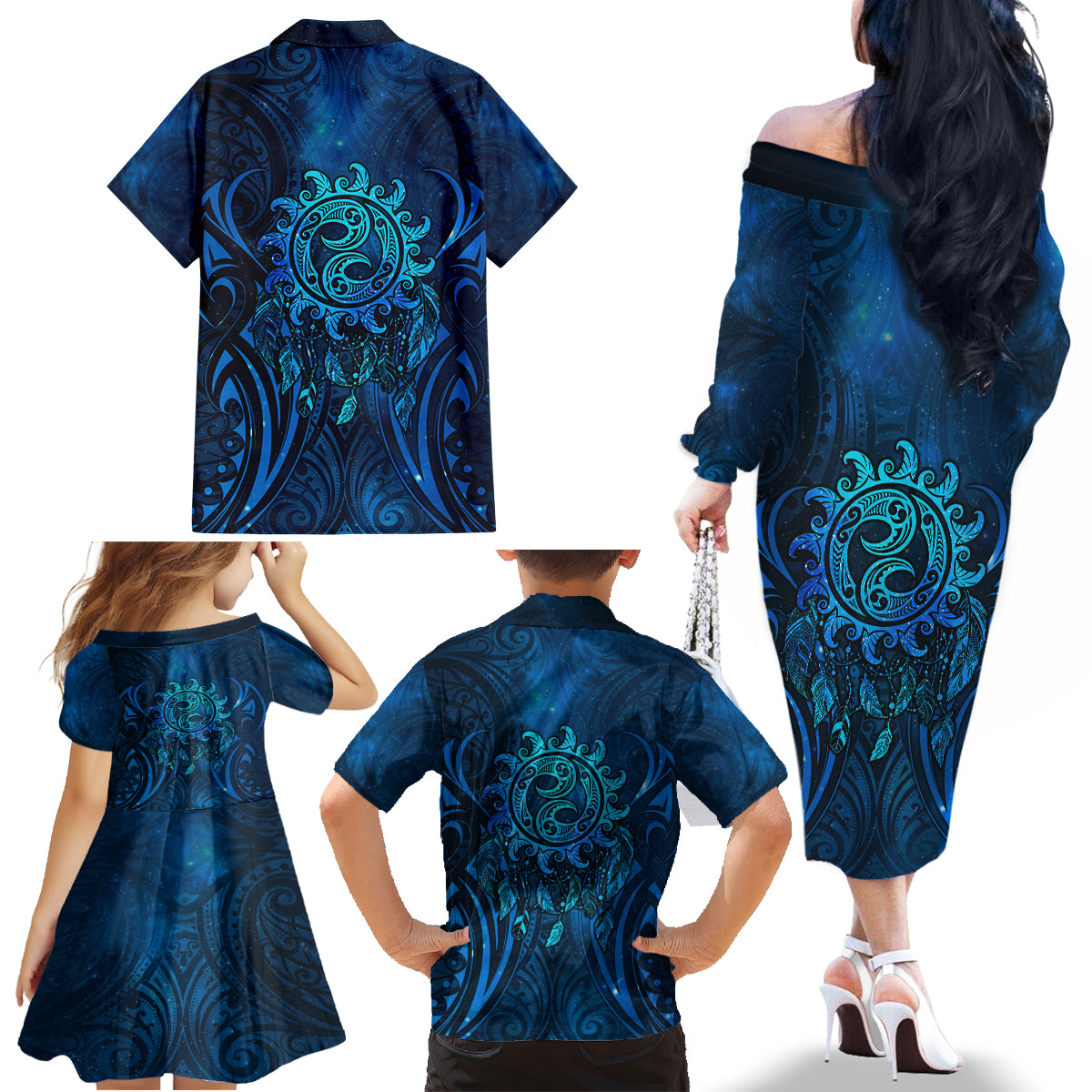 New Zealand Dream Catcher Family Matching Off The Shoulder Long Sleeve Dress and Hawaiian Shirt Maori Koru Pattern Blue Version