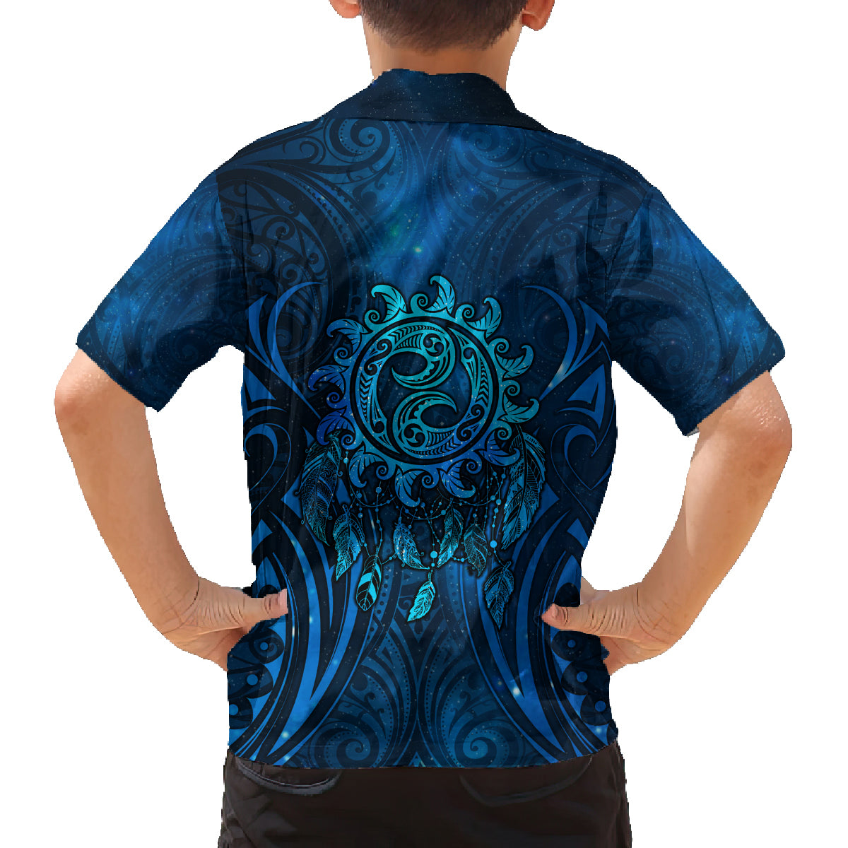 New Zealand Dream Catcher Family Matching Off Shoulder Short Dress and Hawaiian Shirt Maori Koru Pattern Blue Version