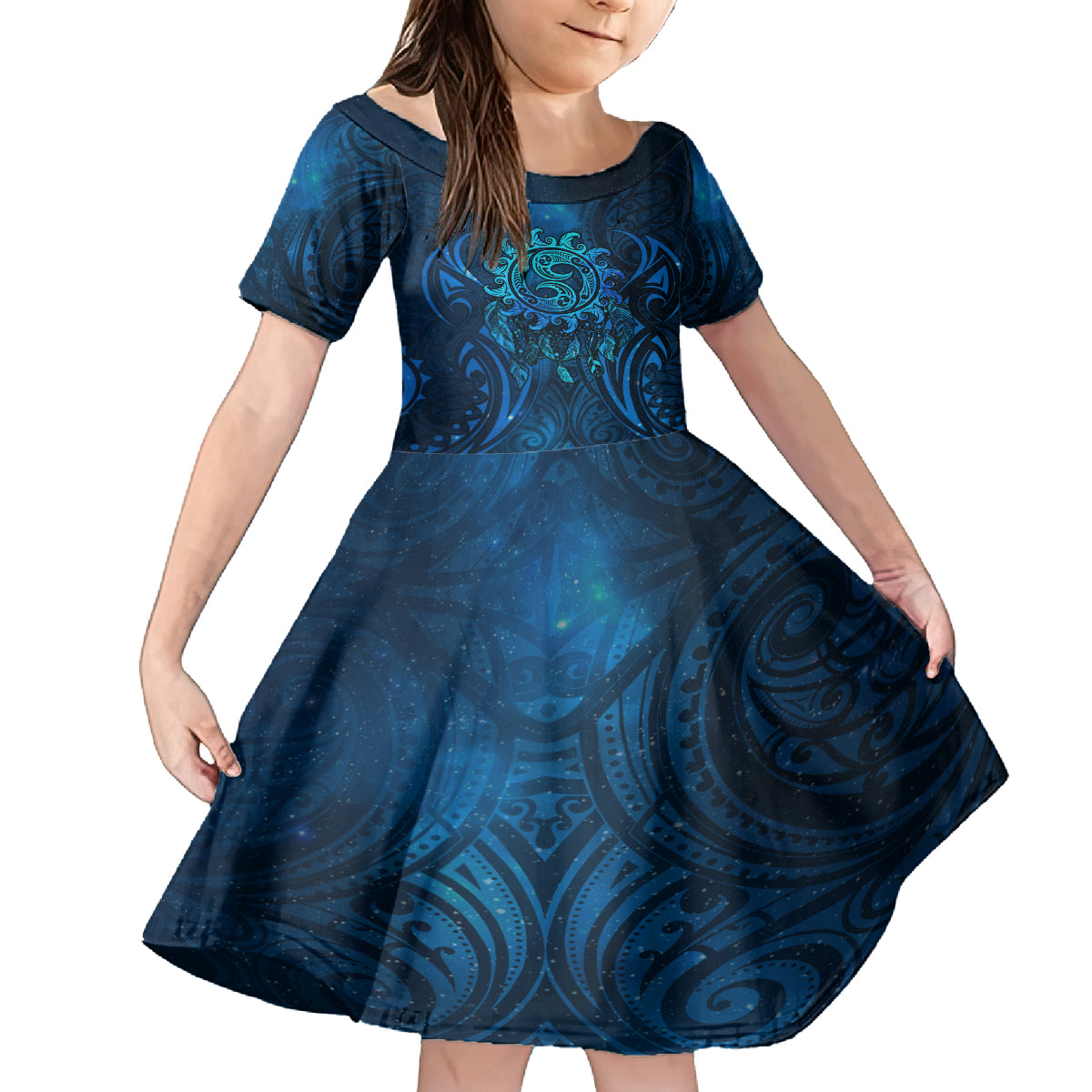 New Zealand Dream Catcher Family Matching Off Shoulder Short Dress and Hawaiian Shirt Maori Koru Pattern Blue Version