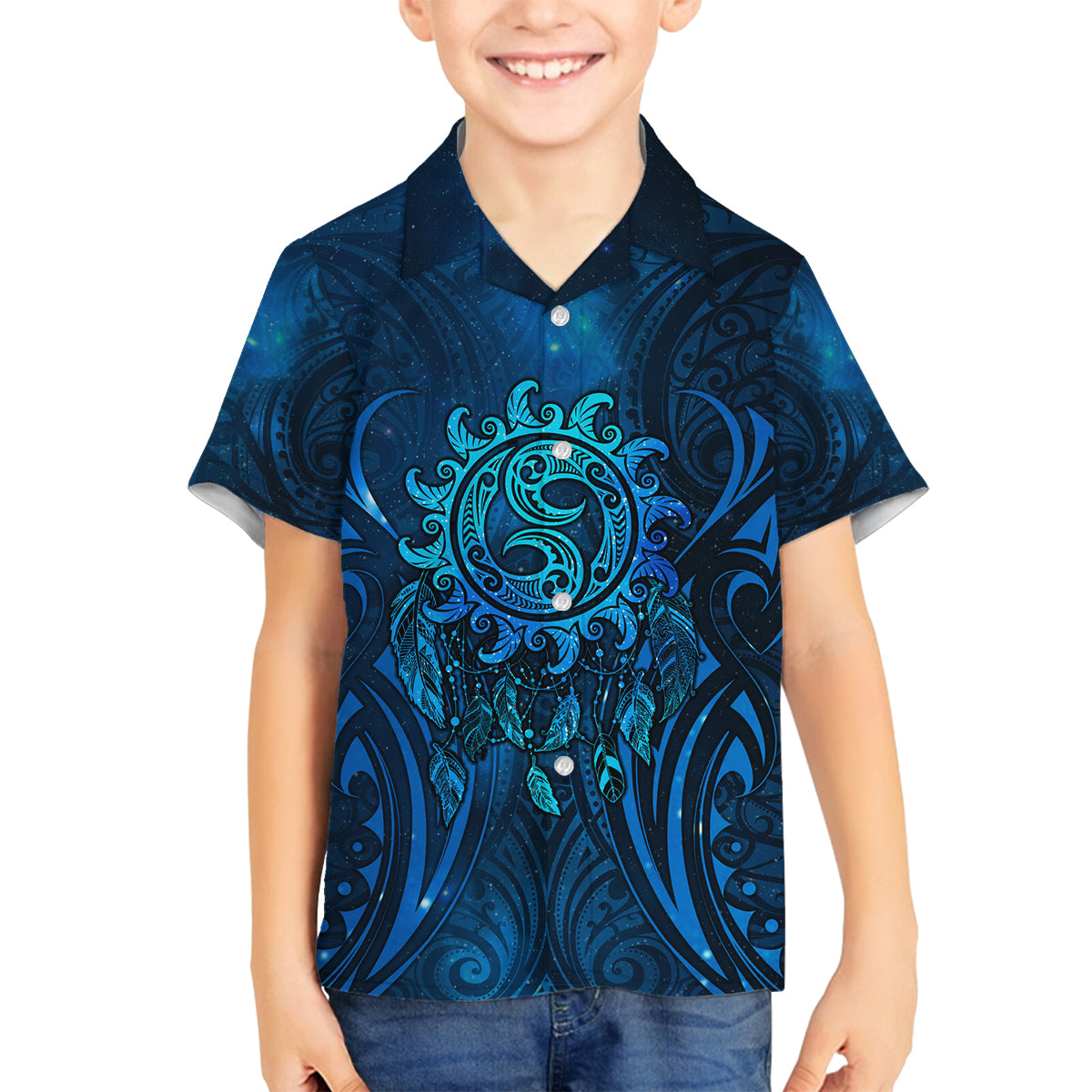 New Zealand Dream Catcher Family Matching Off Shoulder Short Dress and Hawaiian Shirt Maori Koru Pattern Blue Version