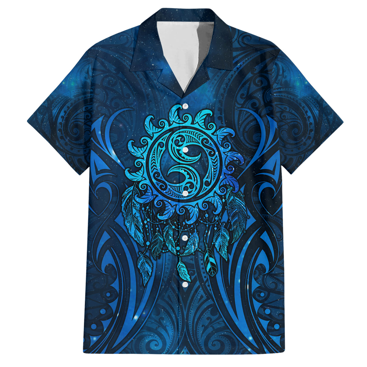 New Zealand Dream Catcher Family Matching Short Sleeve Bodycon Dress and Hawaiian Shirt Maori Koru Pattern Blue Version