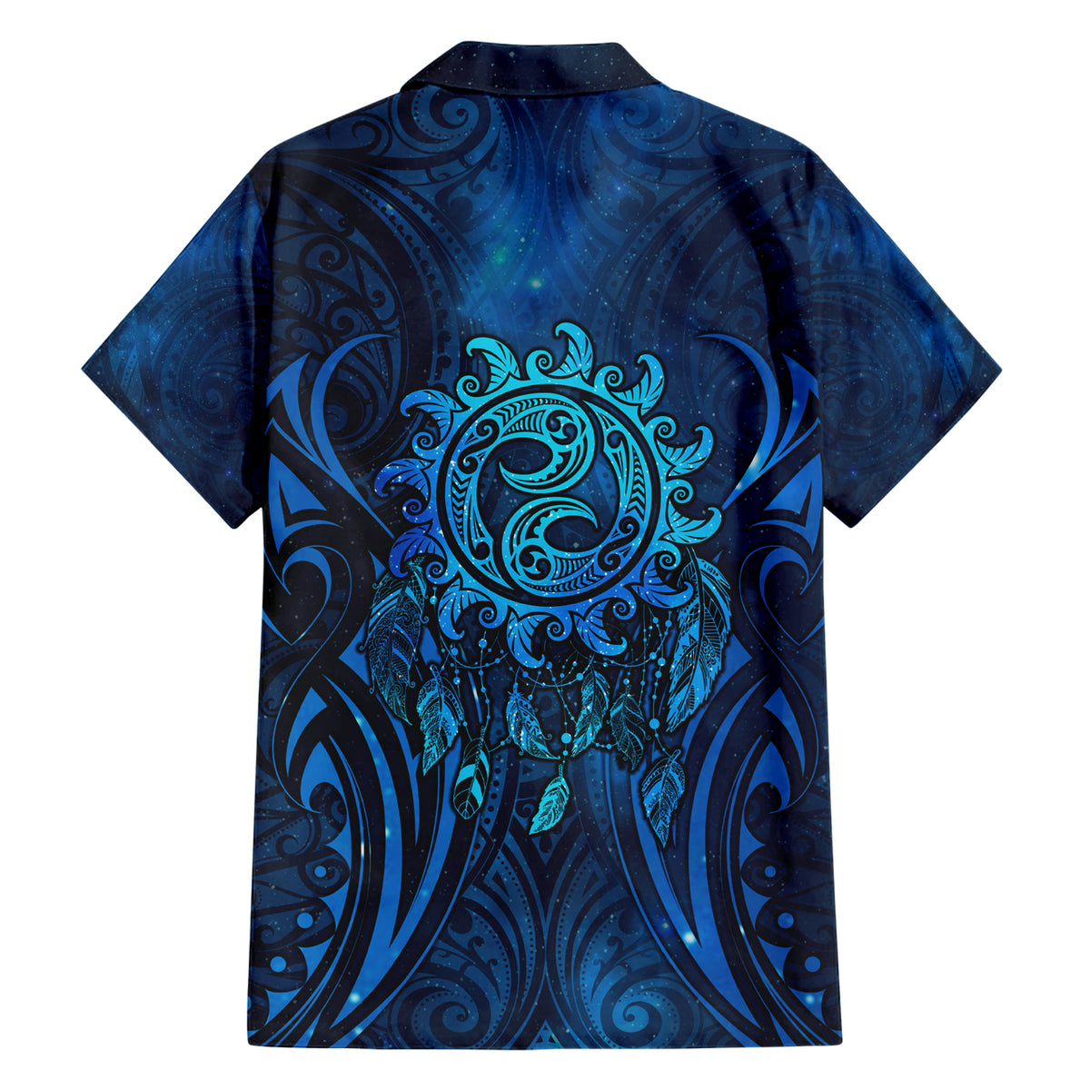 New Zealand Dream Catcher Family Matching Short Sleeve Bodycon Dress and Hawaiian Shirt Maori Koru Pattern Blue Version