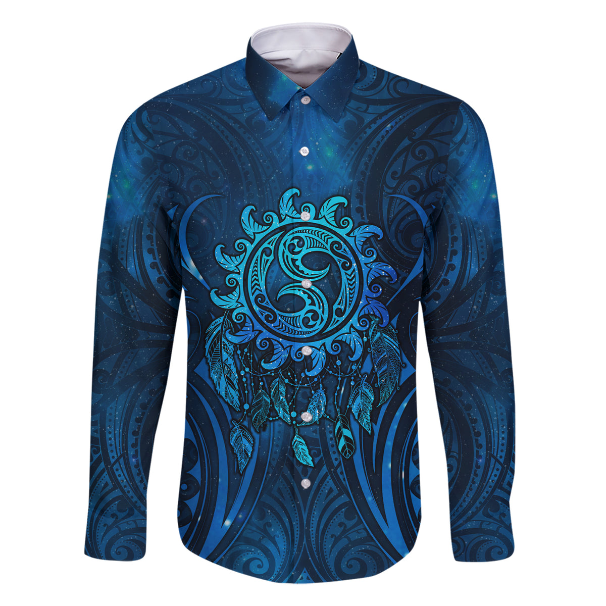 New Zealand Dream Catcher Family Matching Short Sleeve Bodycon Dress and Hawaiian Shirt Maori Koru Pattern Blue Version