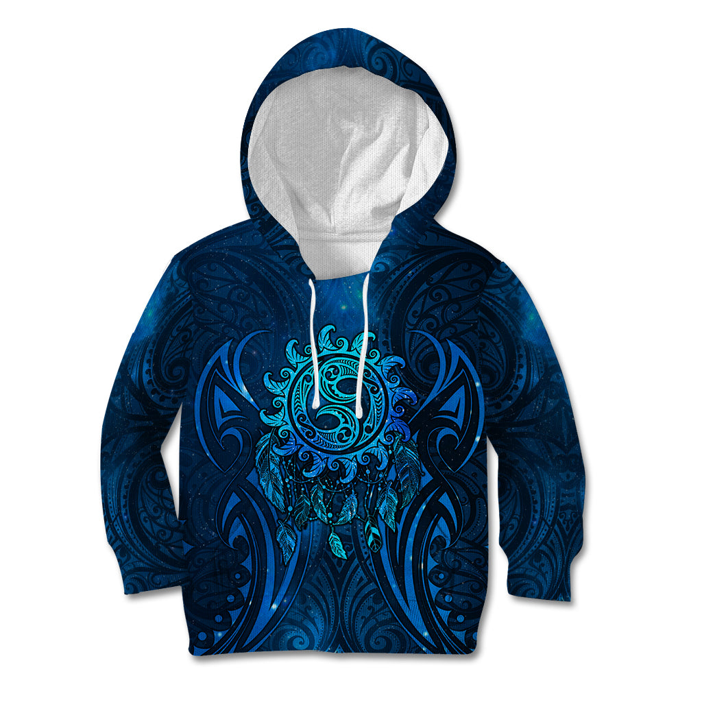 New Zealand Dream Catcher Kid Hoodie Maori Koru Pattern Blue Version