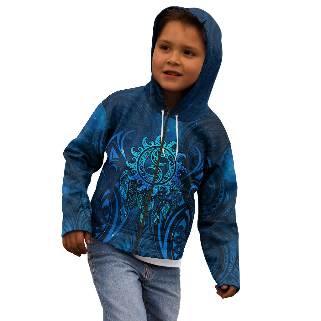 New Zealand Dream Catcher Kid Hoodie Maori Koru Pattern Blue Version