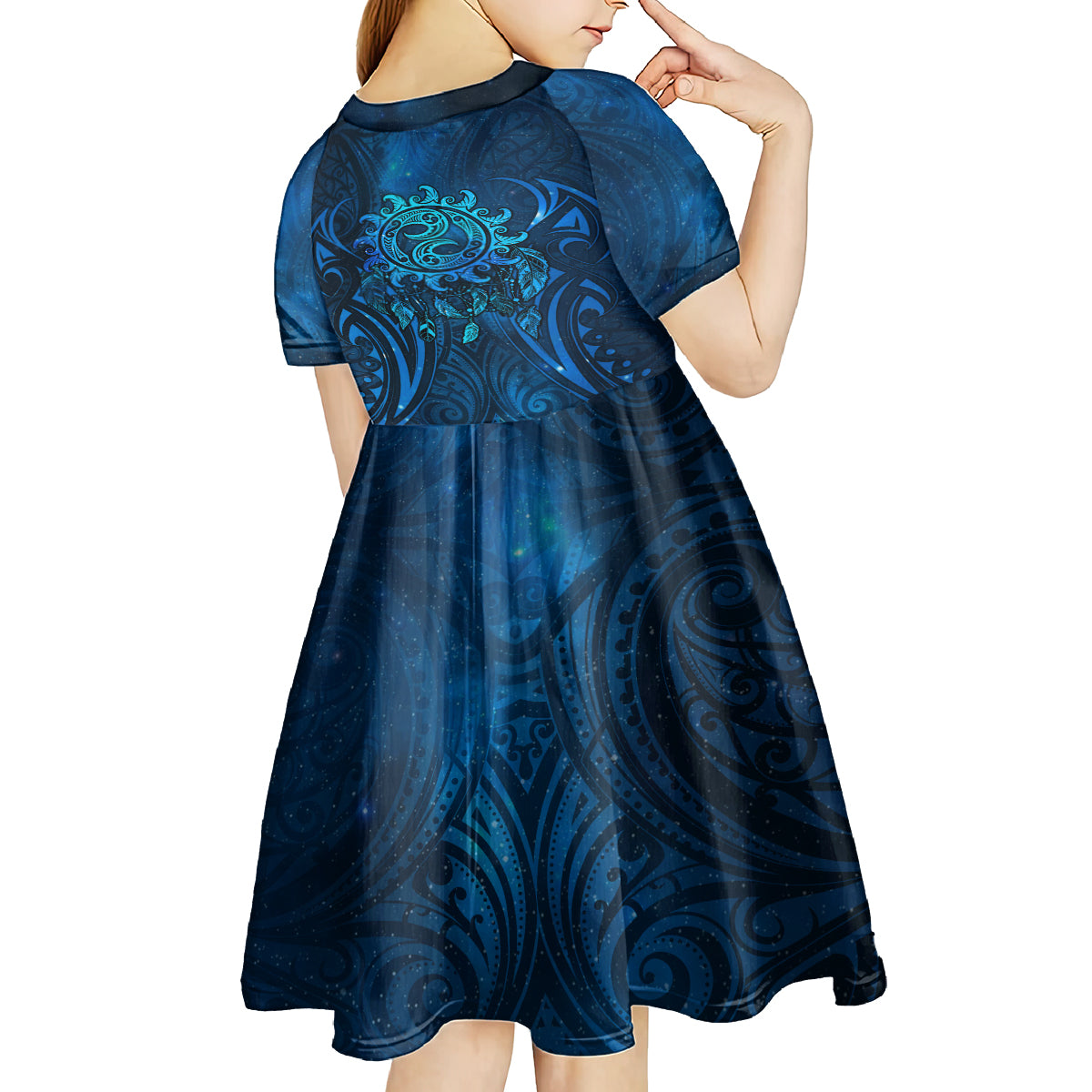 New Zealand Dream Catcher Kid Short Sleeve Dress Maori Koru Pattern Blue Version LT05 - Polynesian Pride