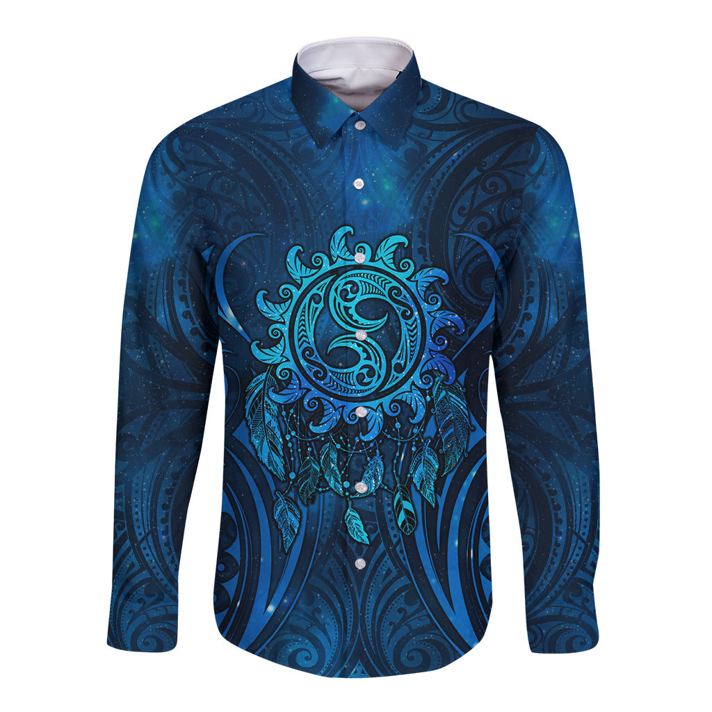 New Zealand Dream Catcher Long Sleeve Button Shirt Maori Koru Pattern Blue Version LT05 Unisex Blue - Polynesian Pride