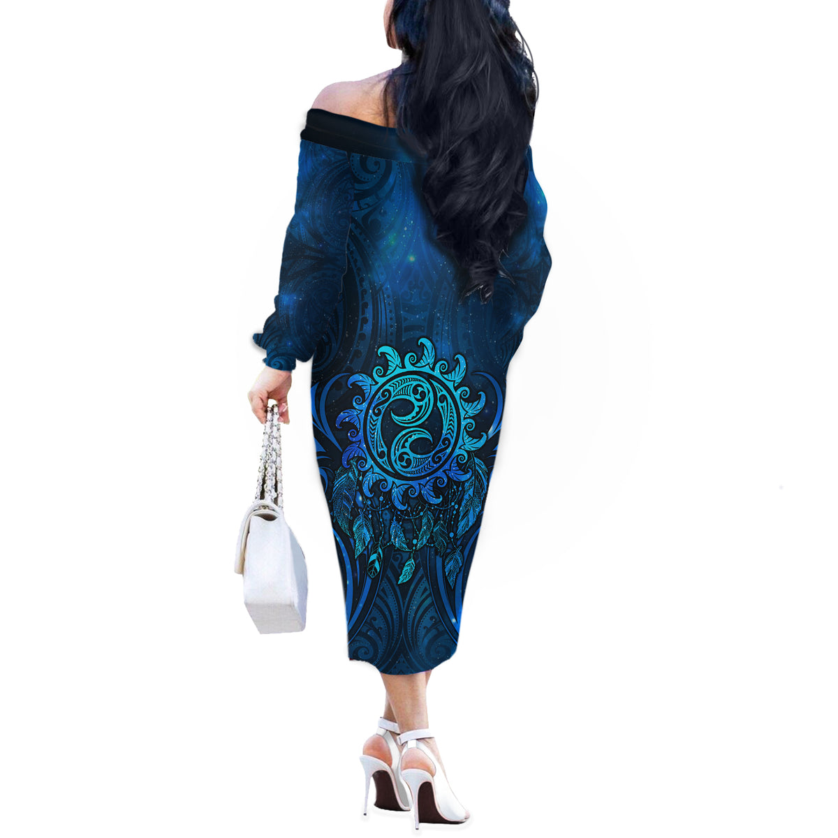 New Zealand Dream Catcher Off The Shoulder Long Sleeve Dress Maori Koru Pattern Blue Version