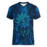 New Zealand Dream Catcher Women V-Neck T-Shirt Maori Koru Pattern Blue Version