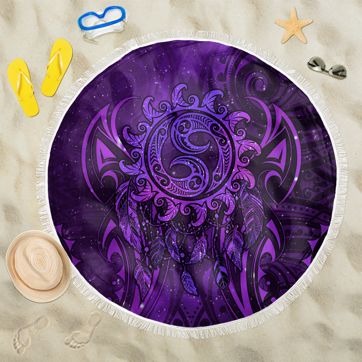 New Zealand Dream Catcher Beach Blanket Maori Koru Pattern Purple Version