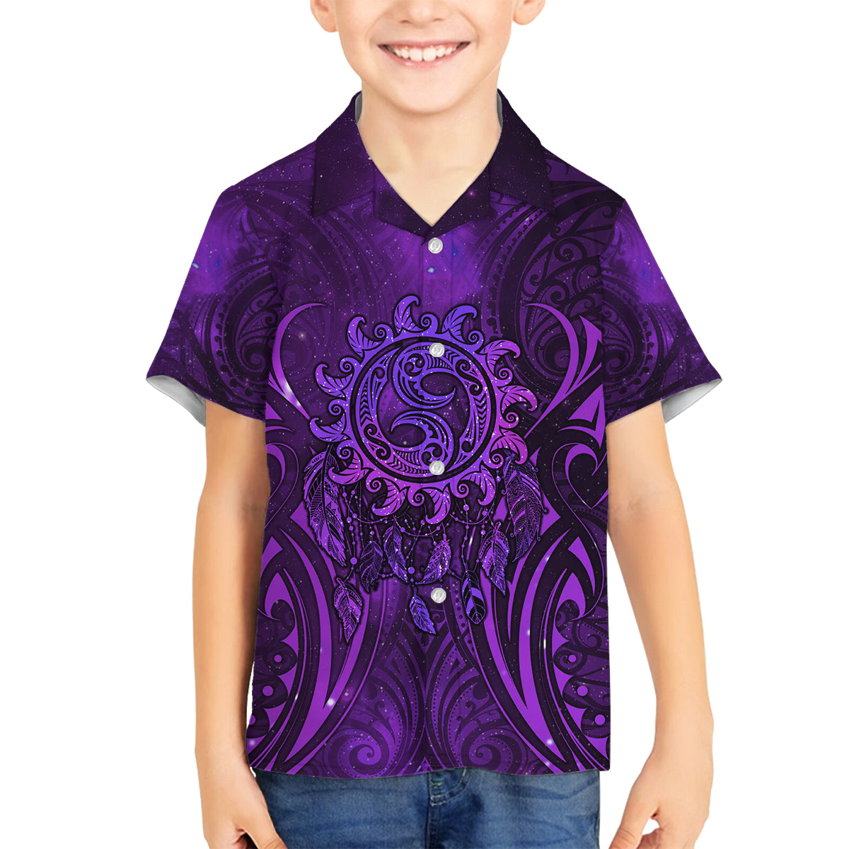 New Zealand Dream Catcher Family Matching Long Sleeve Bodycon Dress and Hawaiian Shirt Maori Koru Pattern Purple Version LT05 Son's Shirt Purple - Polynesian Pride