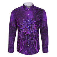 New Zealand Dream Catcher Family Matching Off Shoulder Short Dress and Hawaiian Shirt Maori Koru Pattern Purple Version LT05 Dad's Shirt - Long Sleeve Purple - Polynesian Pride