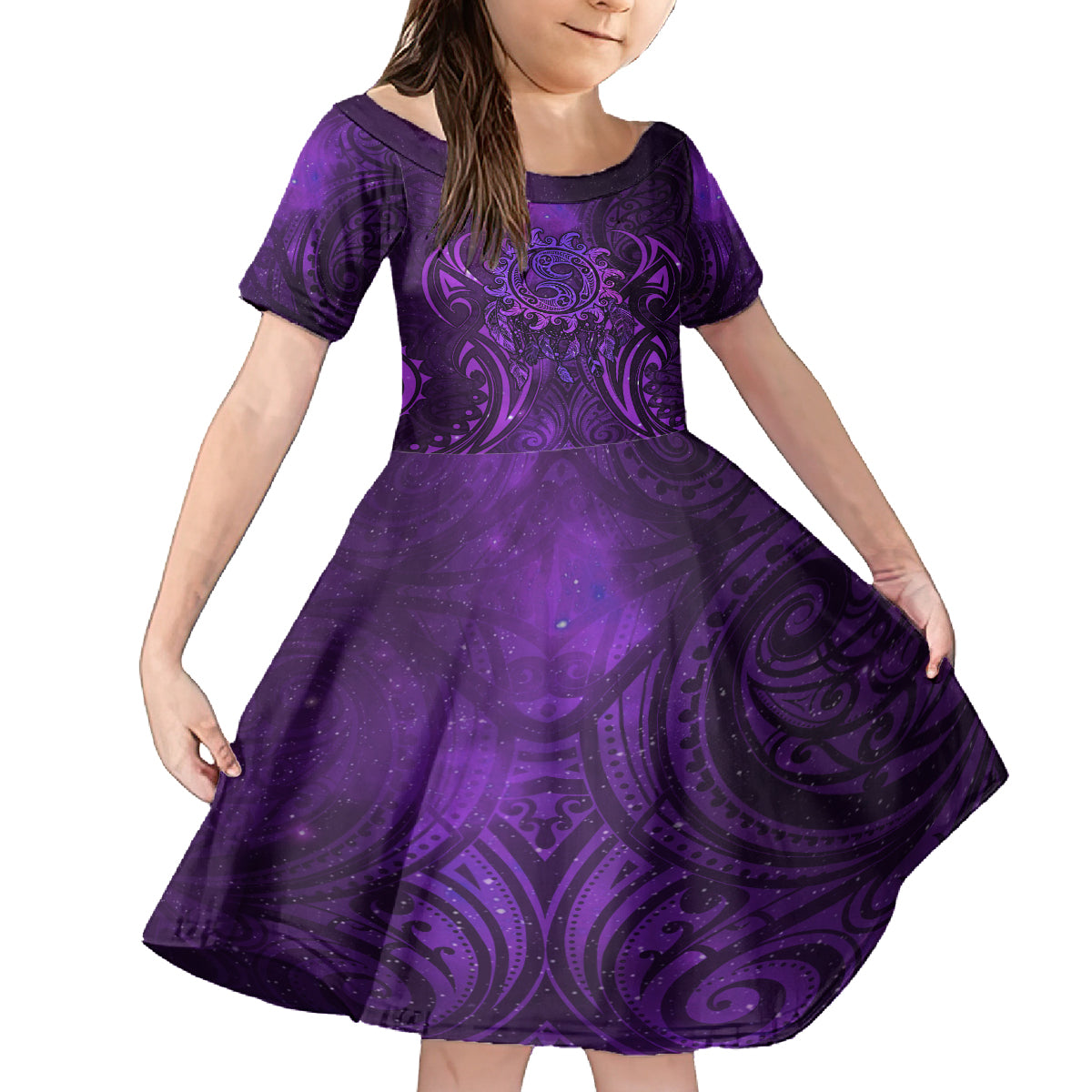 New Zealand Dream Catcher Family Matching Tank Maxi Dress and Hawaiian Shirt Maori Koru Pattern Purple Version LT05 Daughter's Dress Purple - Polynesian Pride