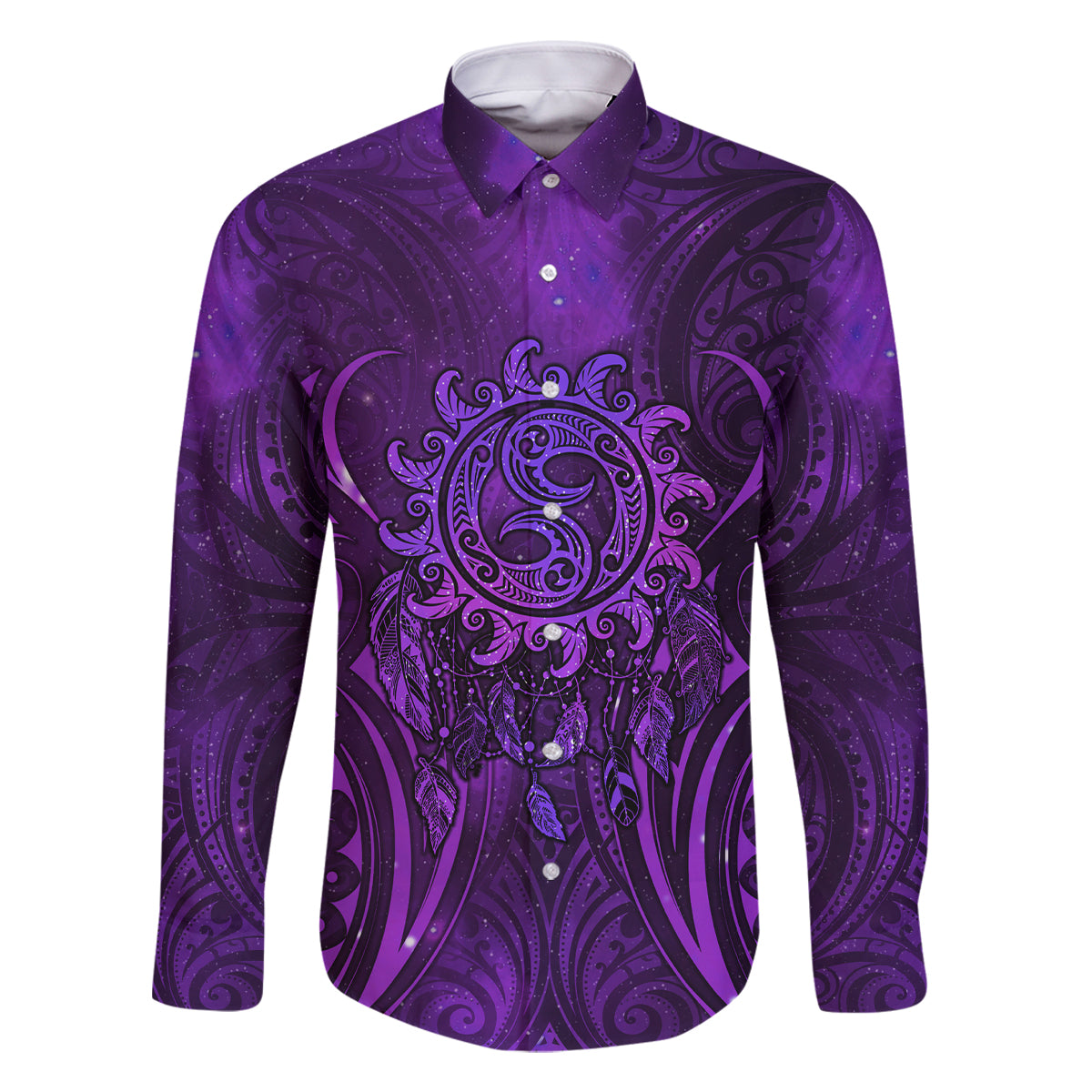 New Zealand Dream Catcher Family Matching Tank Maxi Dress and Hawaiian Shirt Maori Koru Pattern Purple Version LT05 Dad's Shirt - Long Sleeve Purple - Polynesian Pride