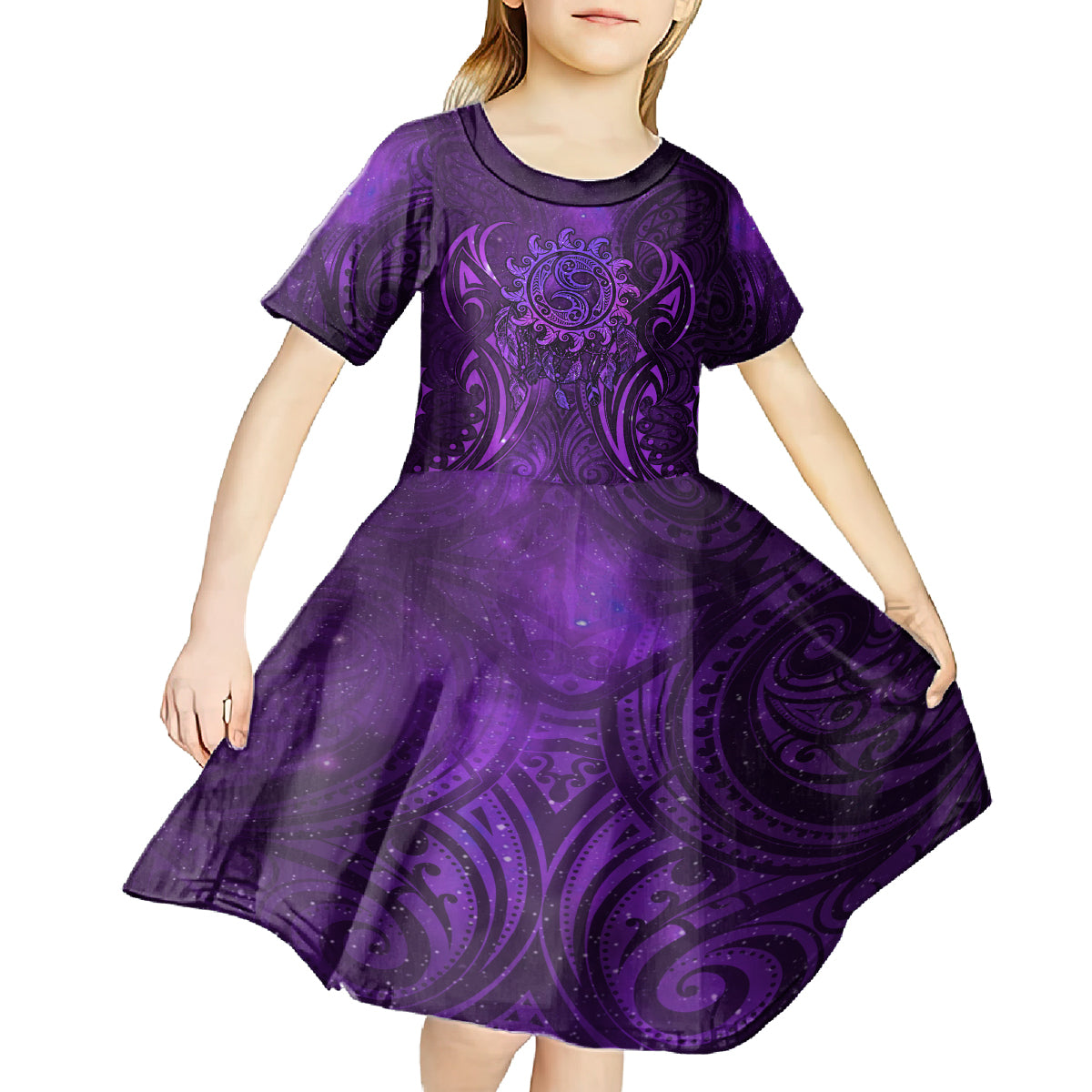 New Zealand Dream Catcher Kid Short Sleeve Dress Maori Koru Pattern Purple Version LT05 - Polynesian Pride