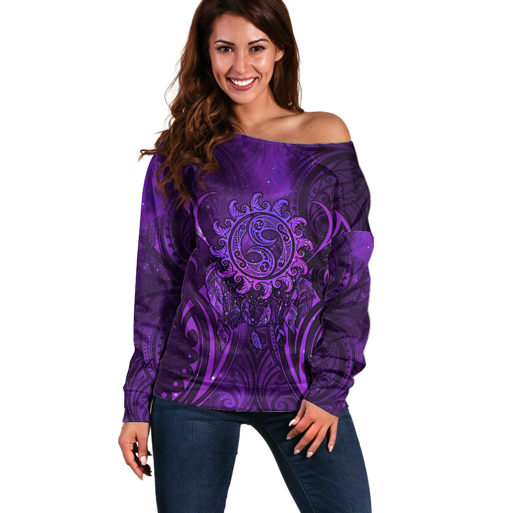 New Zealand Dream Catcher Off Shoulder Sweater Maori Koru Pattern Purple Version