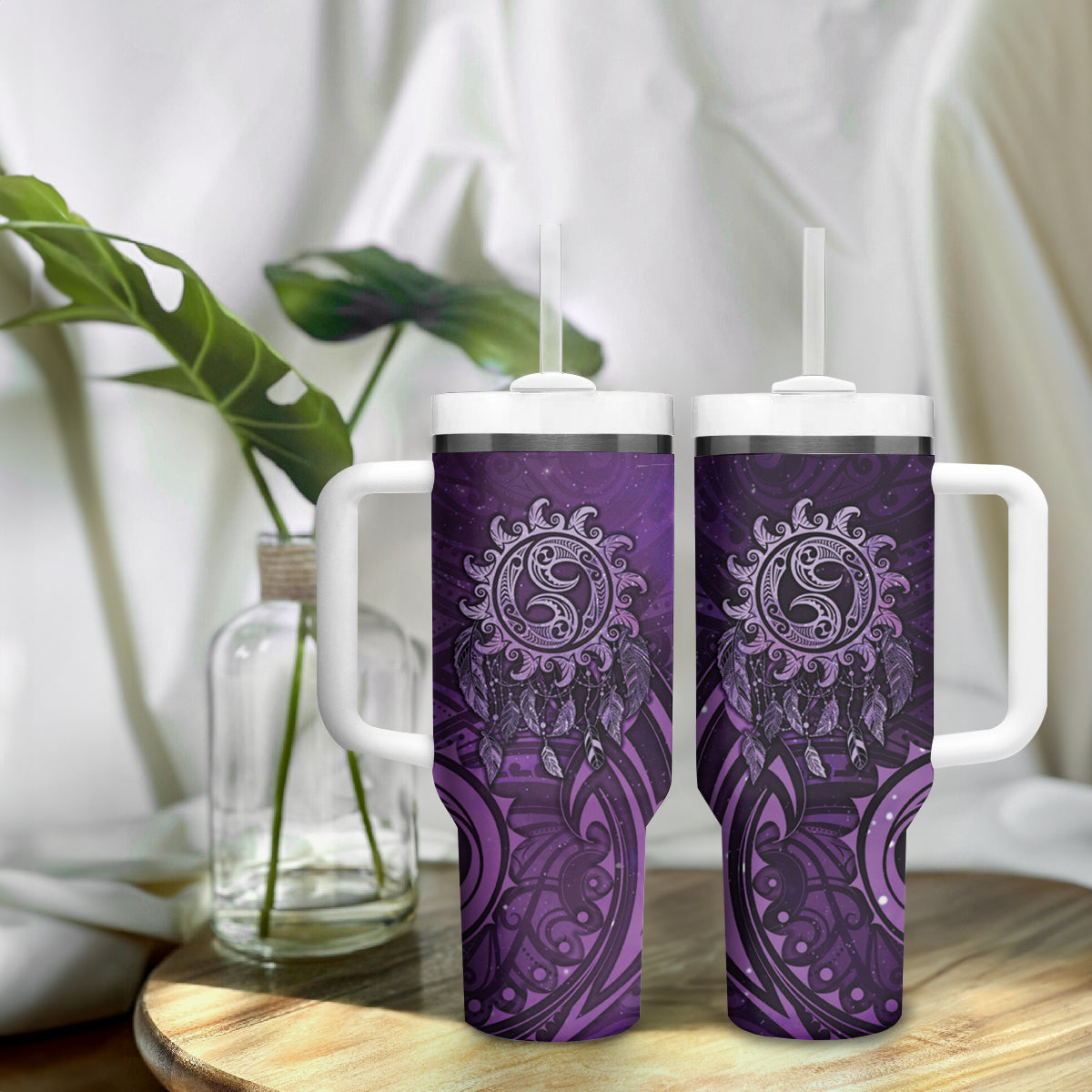 New Zealand Dream Catcher Tumbler With Handle Maori Koru Pattern Purple Version