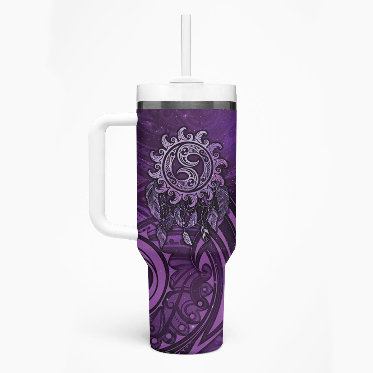 New Zealand Dream Catcher Tumbler With Handle Maori Koru Pattern Purple Version