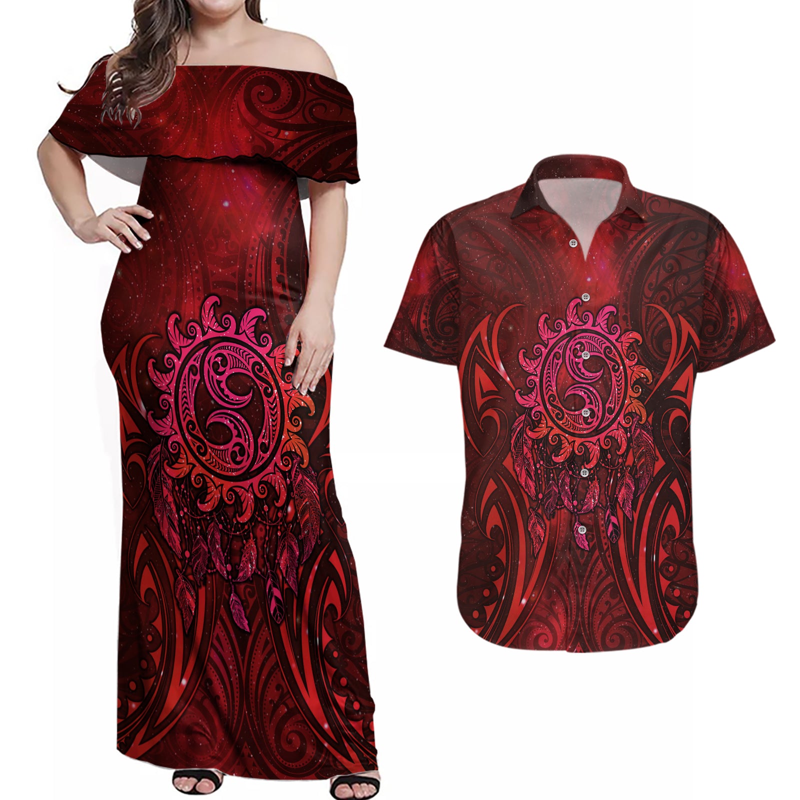 New Zealand Dream Catcher Couples Matching Off Shoulder Maxi Dress and Hawaiian Shirt Maori Koru Pattern Red Version LT05 Red - Polynesian Pride