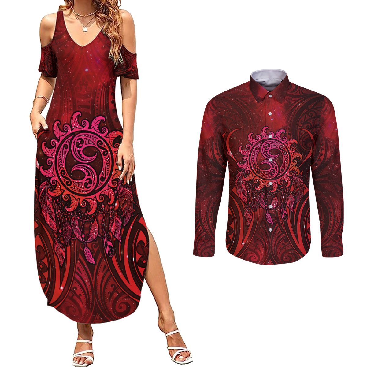 New Zealand Dream Catcher Couples Matching Summer Maxi Dress and Long Sleeve Button Shirt Maori Koru Pattern Red Version LT05 Red - Polynesian Pride