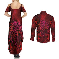 New Zealand Dream Catcher Couples Matching Summer Maxi Dress and Long Sleeve Button Shirt Maori Koru Pattern Red Version LT05 - Polynesian Pride