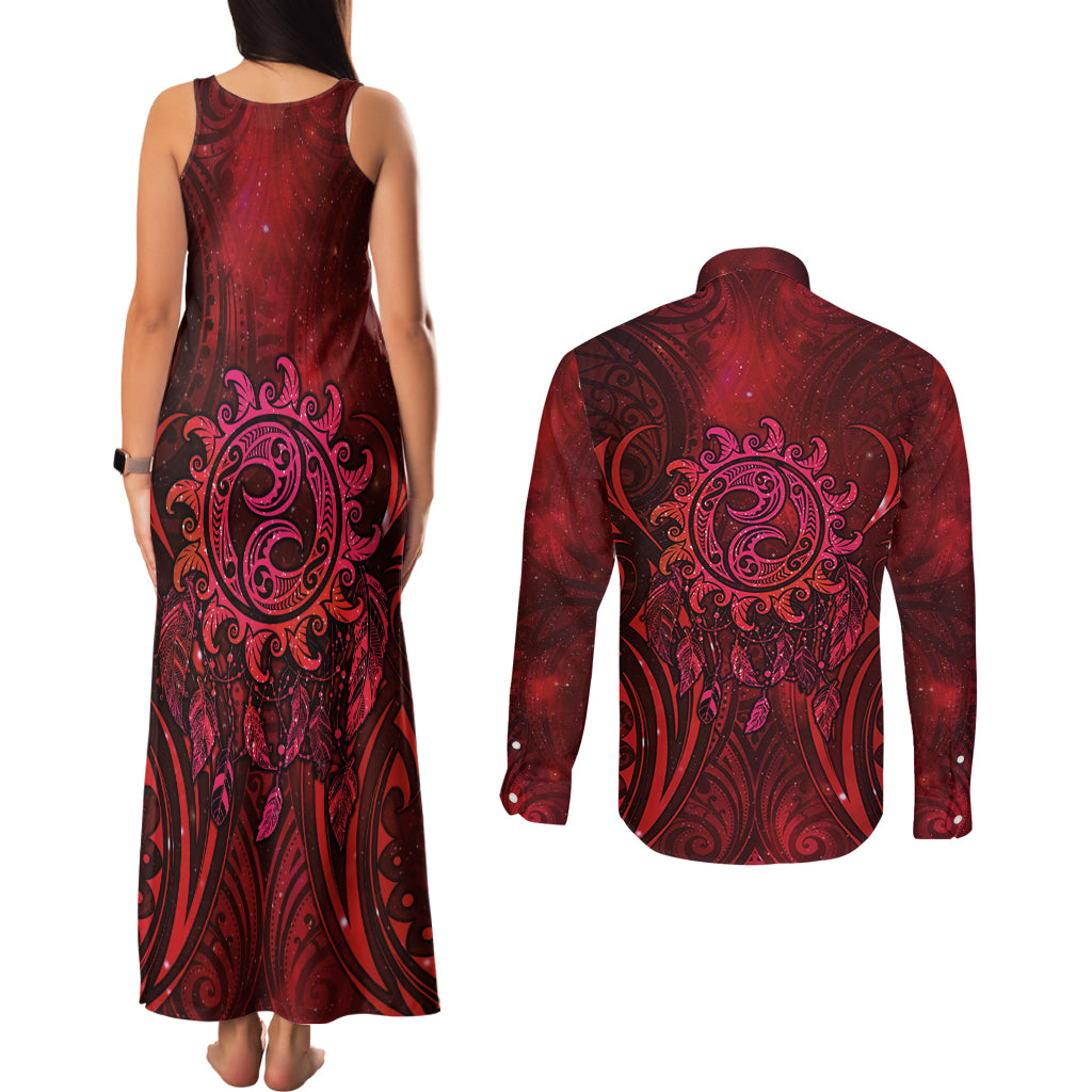 New Zealand Dream Catcher Couples Matching Tank Maxi Dress and Long Sleeve Button Shirt Maori Koru Pattern Red Version LT05 - Polynesian Pride