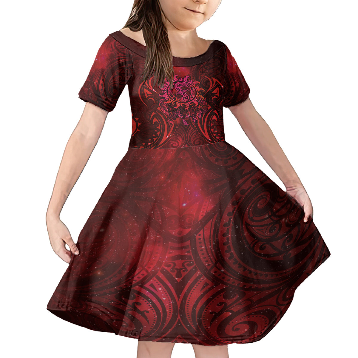 New Zealand Dream Catcher Family Matching Long Sleeve Bodycon Dress and Hawaiian Shirt Maori Koru Pattern Red Version LT05 Daughter's Dress Red - Polynesian Pride
