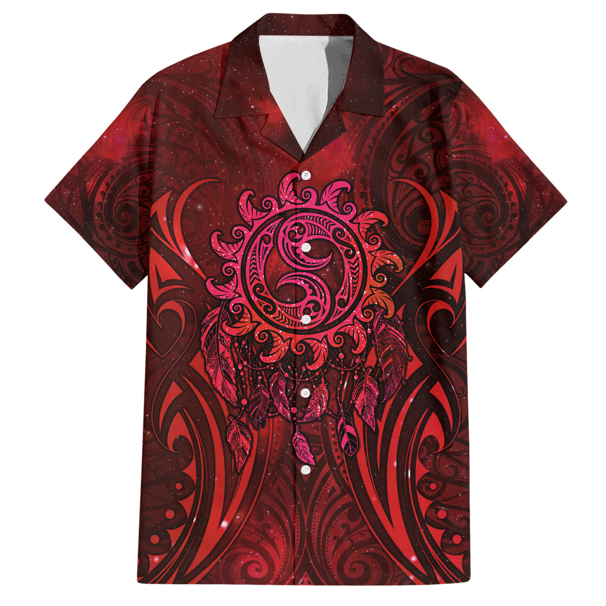 New Zealand Dream Catcher Family Matching Short Sleeve Bodycon Dress and Hawaiian Shirt Maori Koru Pattern Red Version