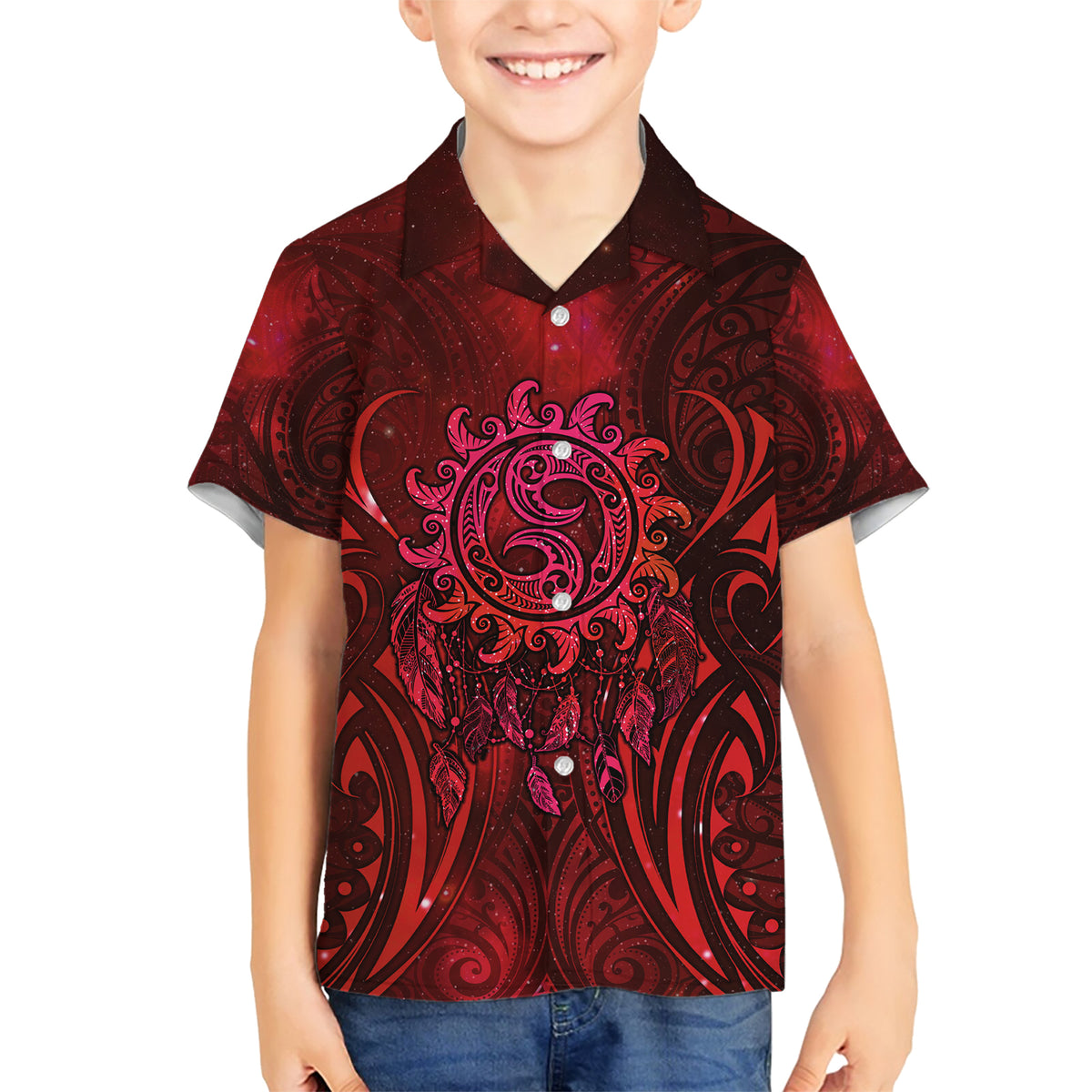 New Zealand Dream Catcher Family Matching Short Sleeve Bodycon Dress and Hawaiian Shirt Maori Koru Pattern Red Version
