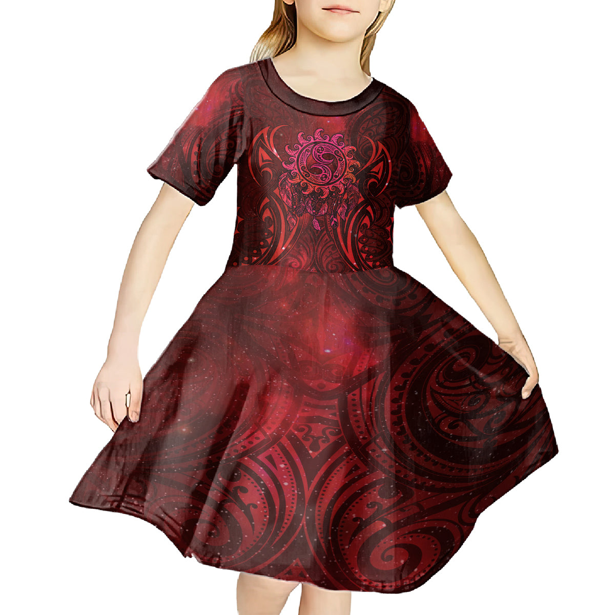 New Zealand Dream Catcher Kid Short Sleeve Dress Maori Koru Pattern Red Version LT05 - Polynesian Pride