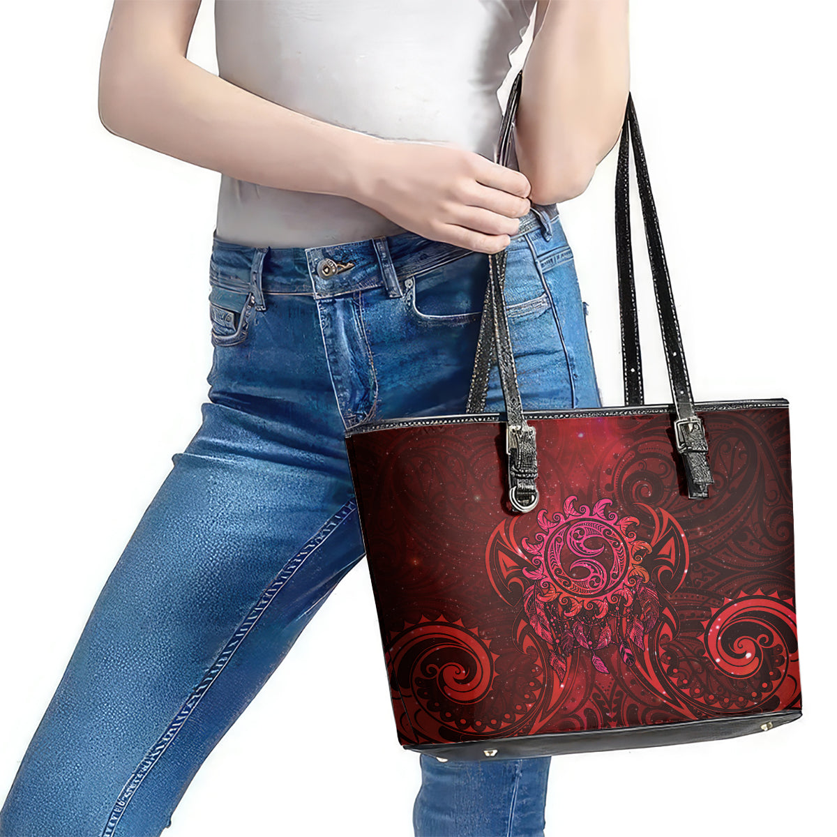 New Zealand Dream Catcher Leather Tote Bag Maori Koru Pattern Red Version