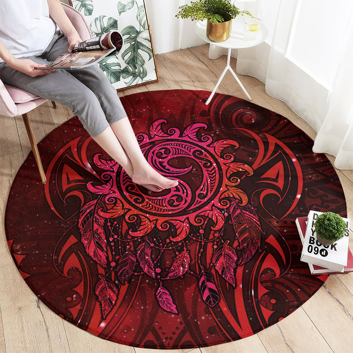 New Zealand Dream Catcher Round Carpet Maori Koru Pattern Red Version