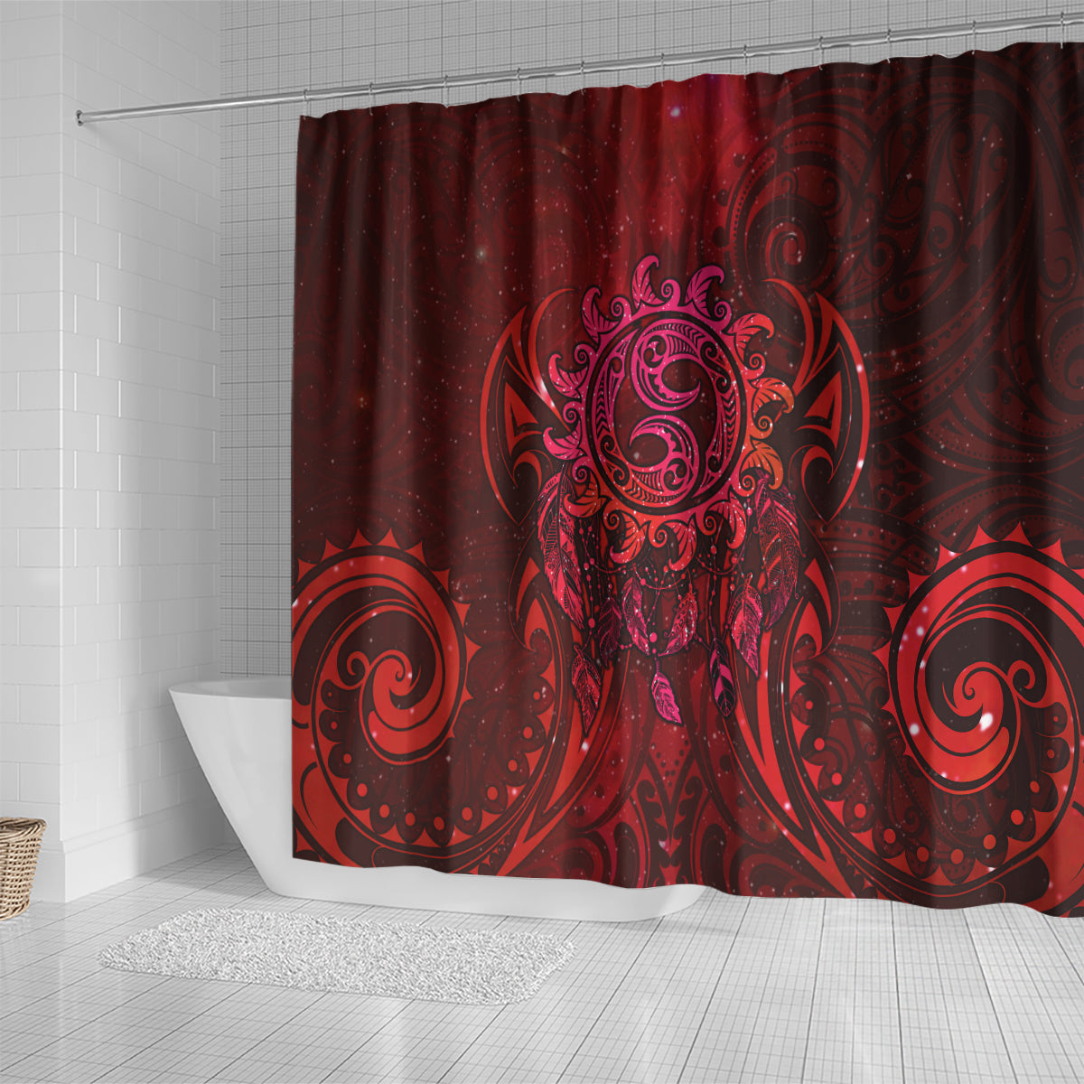 New Zealand Dream Catcher Shower Curtain Maori Koru Pattern Red Version