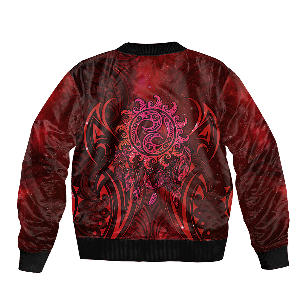 New Zealand Dream Catcher Sleeve Zip Bomber Jacket Maori Koru Pattern Red Version