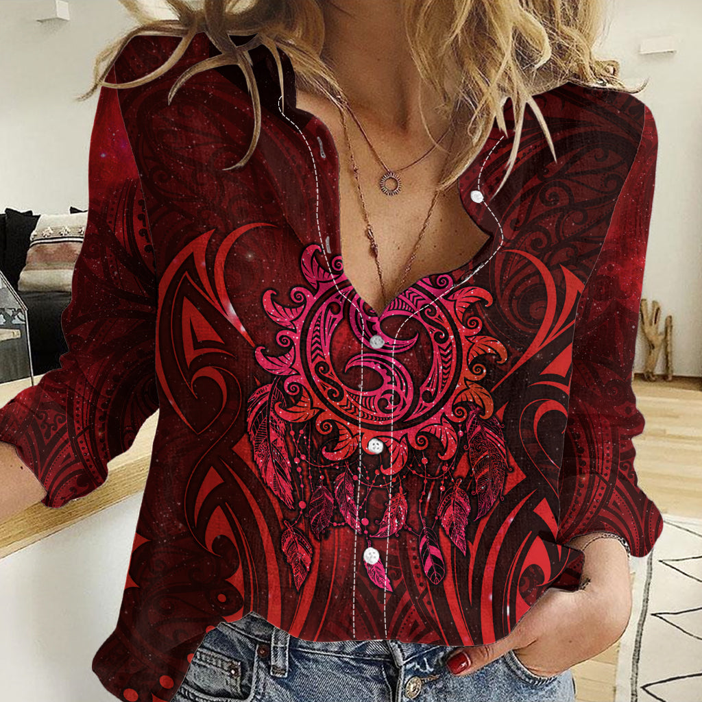 New Zealand Dream Catcher Women Casual Shirt Maori Koru Pattern Red Version
