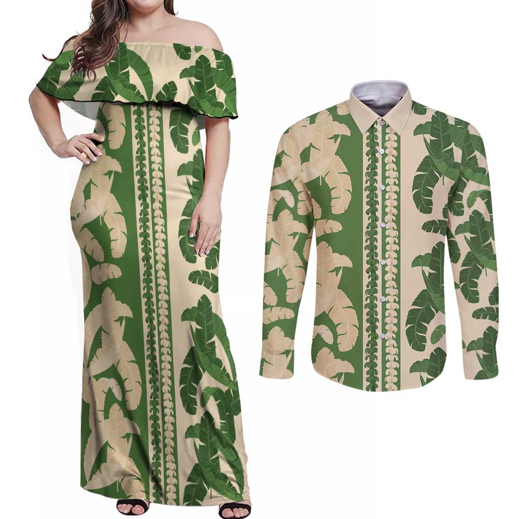 Hawaii Pua Kenikeni Lei Couples Matching Off Shoulder Maxi Dress and Long Sleeve Button Shirt With Lau Maia Green LT05 Green - Polynesian Pride