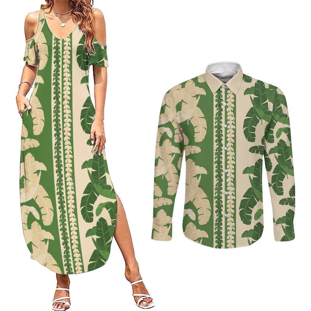 Hawaii Pua Kenikeni Lei Couples Matching Summer Maxi Dress and Long Sleeve Button Shirt With Lau Maia Green LT05 Green - Polynesian Pride