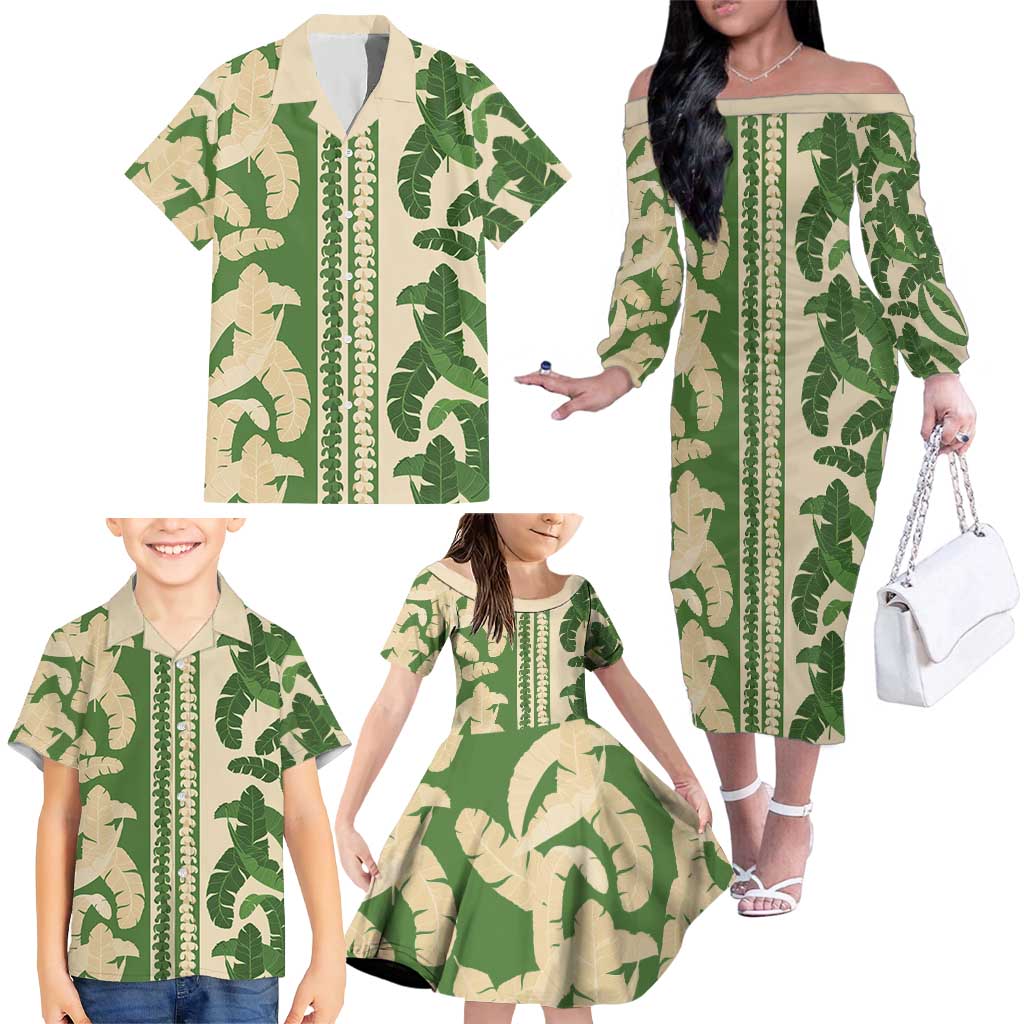 Hawaii Pua Kenikeni Lei Family Matching Off The Shoulder Long Sleeve Dress and Hawaiian Shirt With Lau Maia Green