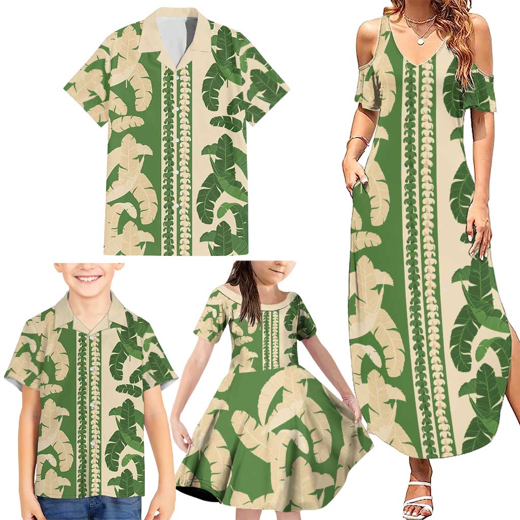 Hawaii Pua Kenikeni Lei Family Matching Summer Maxi Dress and Hawaiian Shirt With Lau Maia Green