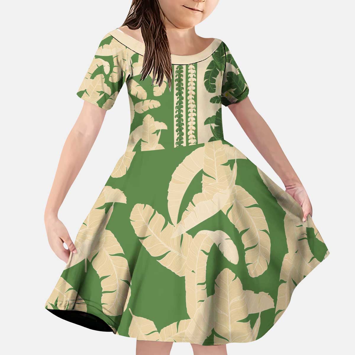 Hawaii Pua Kenikeni Lei Kid Short Sleeve Dress With Lau Maia Green LT05 KID Green - Polynesian Pride