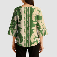 Hawaii Pua Kenikeni Lei Kimono Sleeve Blouse With Lau Maia Green LT05 - Polynesian Pride