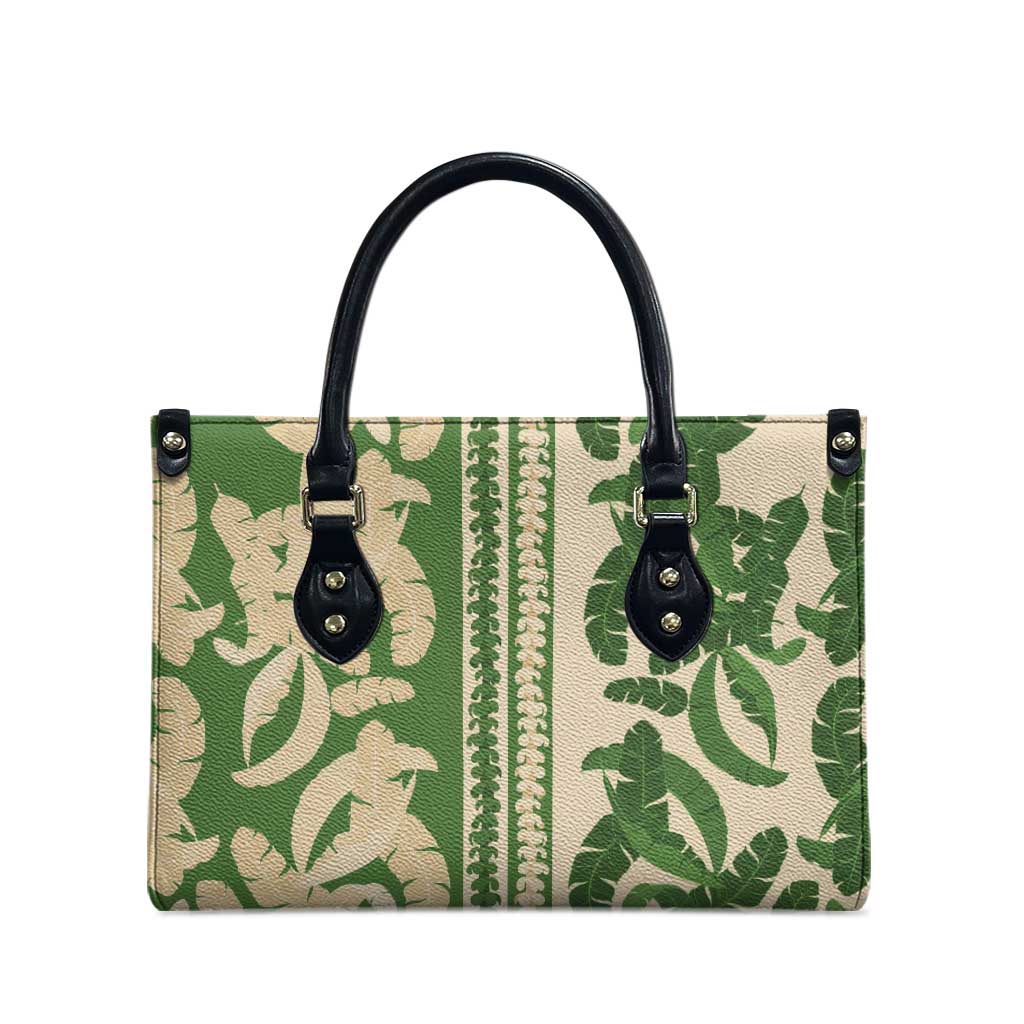 Hawaii Pua Kenikeni Lei Leather Bag With Lau Maia Green LT05 - Polynesian Pride