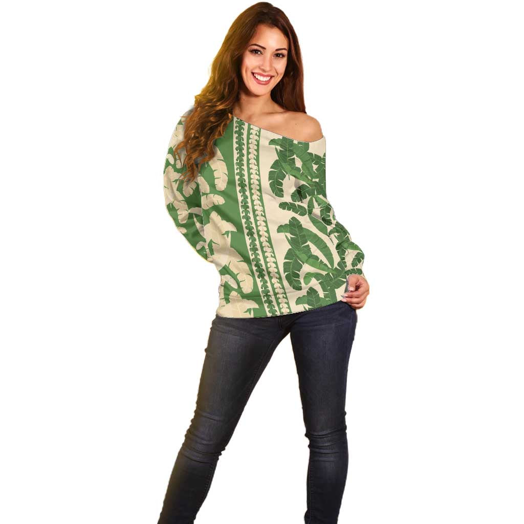 Hawaii Pua Kenikeni Lei Off Shoulder Sweater With Lau Maia Green LT05 - Polynesian Pride